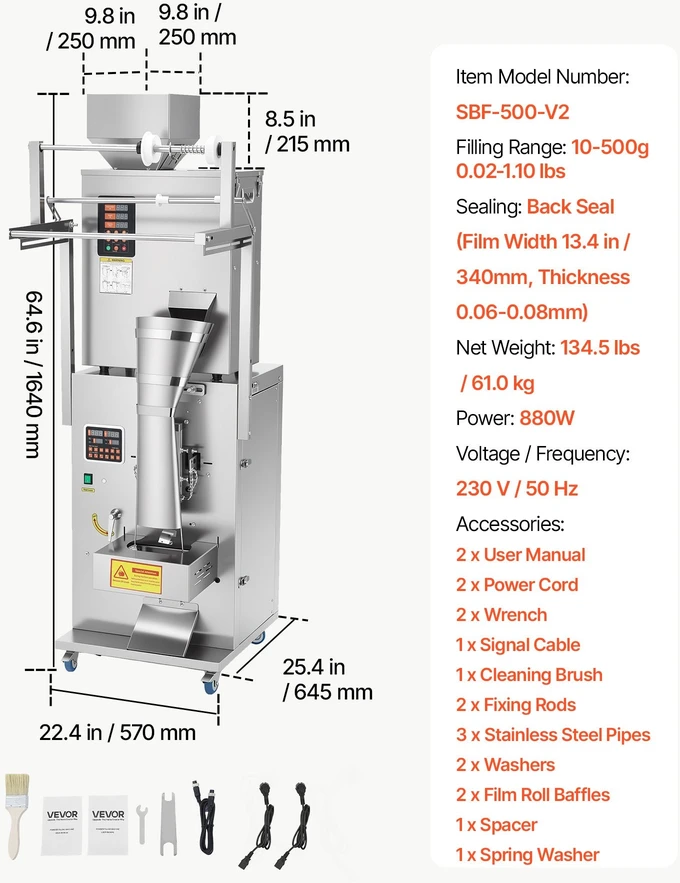 Automatinė birių produktų pakavimo ir sandarinimo mašina VEVOR SBF-500-V2, 10–500g