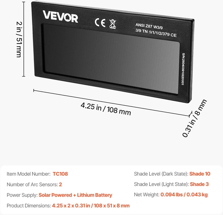 VEVOR automatinis suvirinimo filtras 108 x 51 mm
