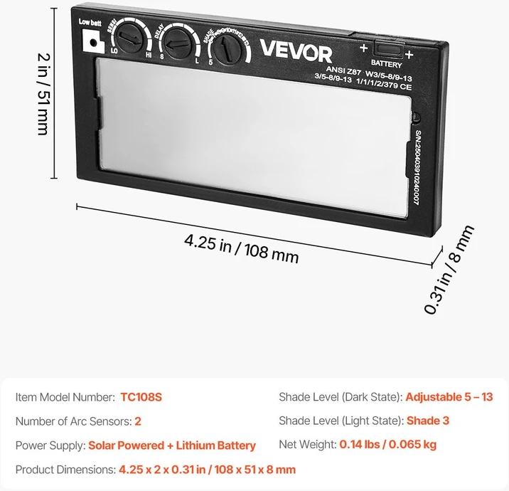 VEVOR Automatiškai tamsėjantis suvirinimo lęšis 108 x 51 mm