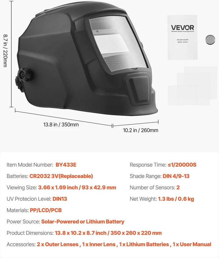 VEVOR Automatiškai tamsėjantis suvirinimo šalmas su saulės energija