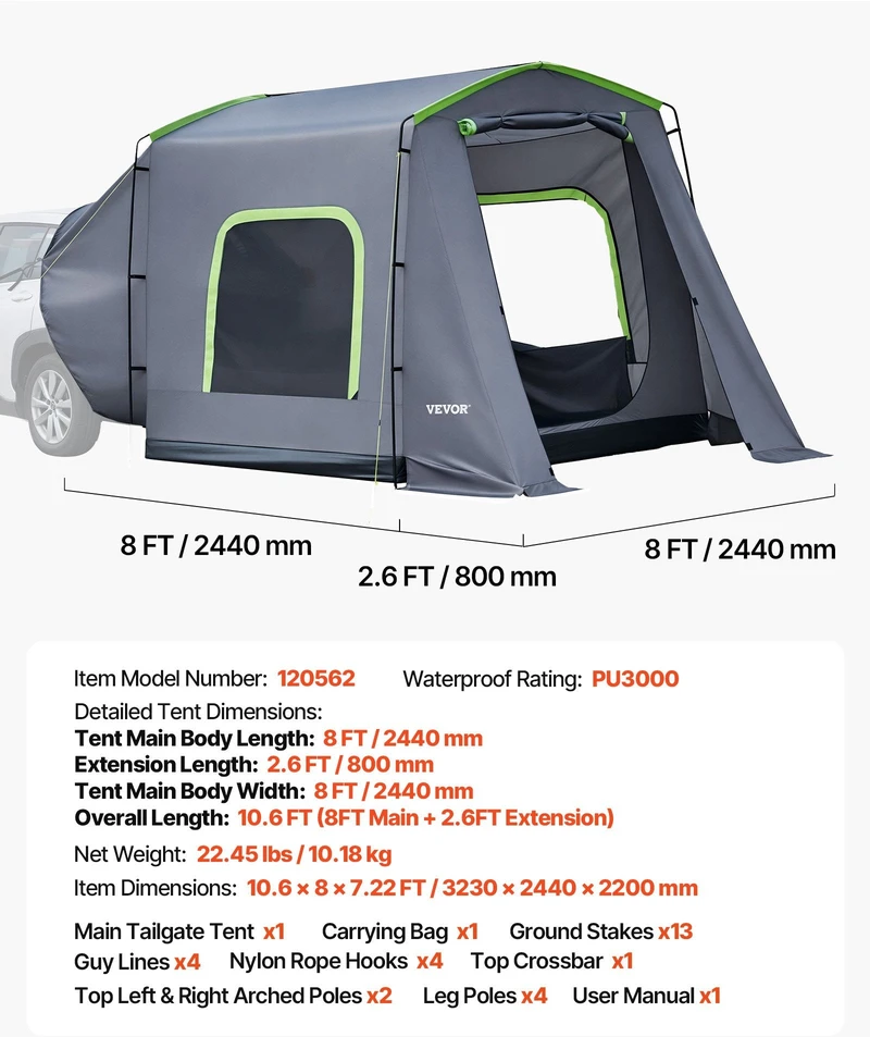 VEVOR Didelė SUV automobilių palapinė 5–9 asmenims, 2440 x 800 mm, PU3000 mm