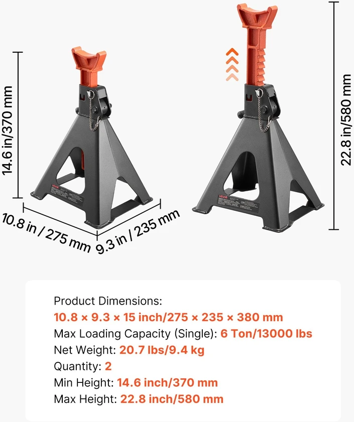 VEVOR Automobilio kėlikliai, 6 tonų apkrova, 370-580 mm aukštis