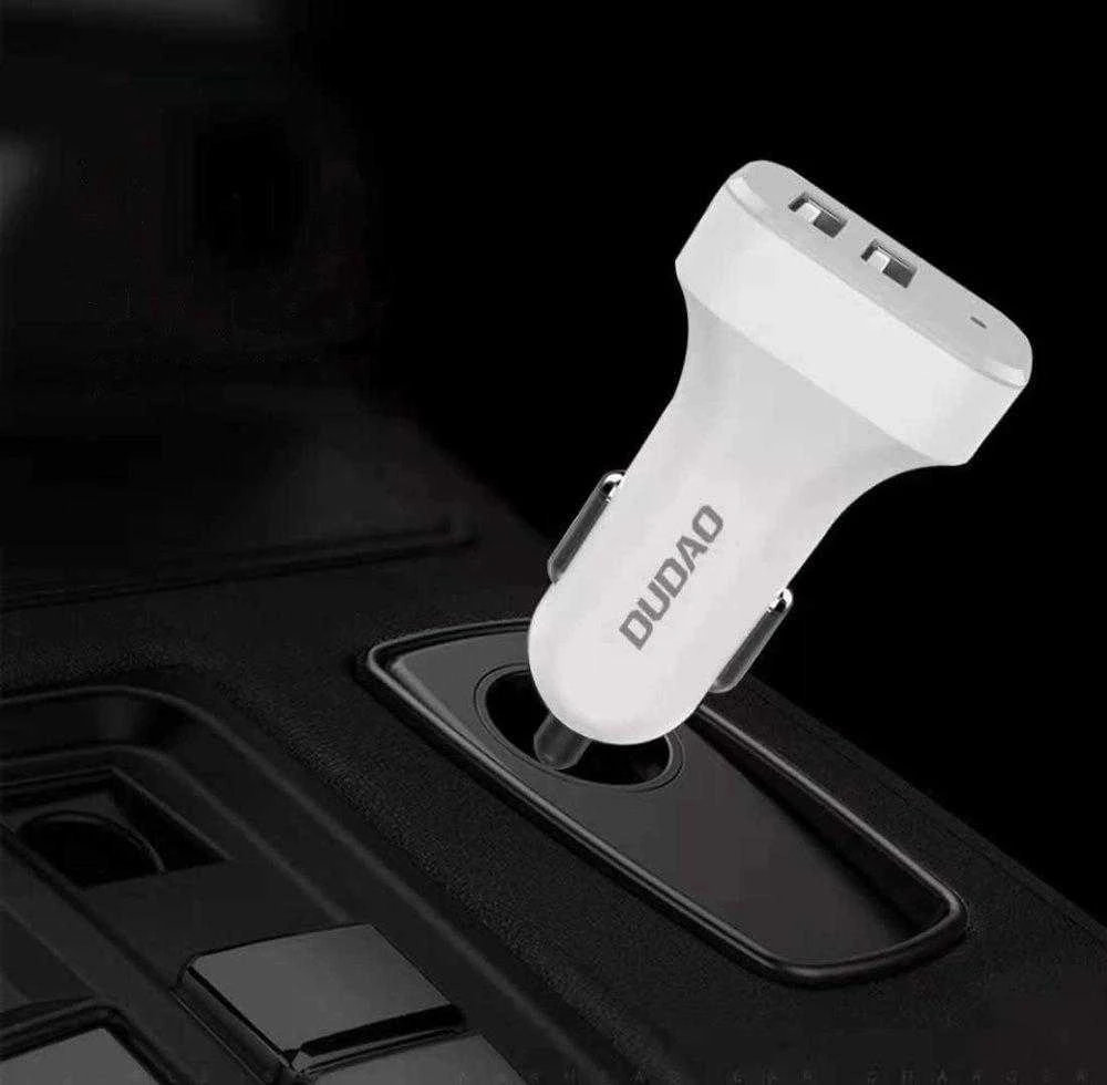 Įkroviklis automobilinis Dudao R7 (2xUSB; 2.4A) + 3in1 laidas lightning+micro+type-C baltas