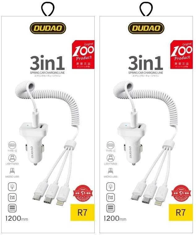 Įkroviklis automobilinis Dudao R7 (2xUSB; 2.4A) + 3in1 laidas lightning+micro+type-C baltas