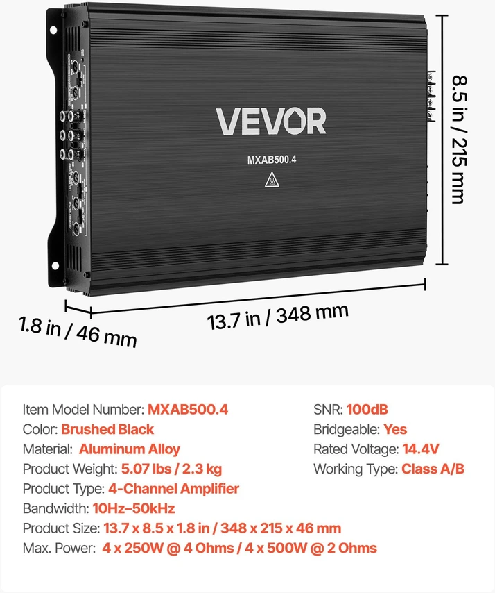 VEVOR Automobilinis 4 kanalų stiprintuvas 1000W