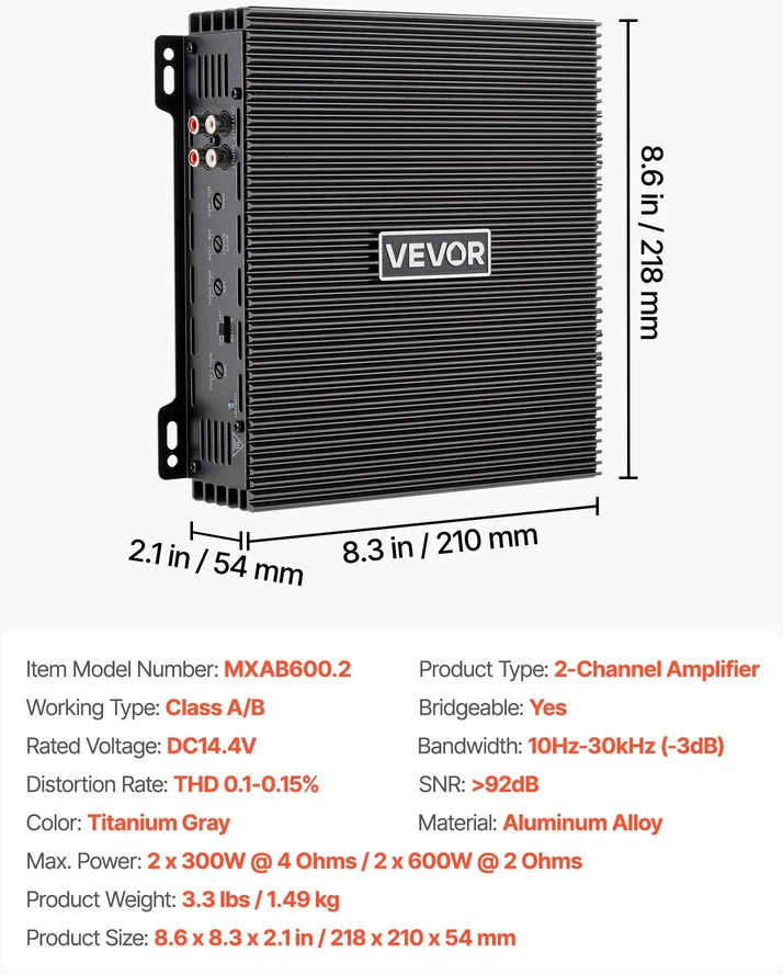 VEVOR 2 kanalų automobilinis stiprintuvas