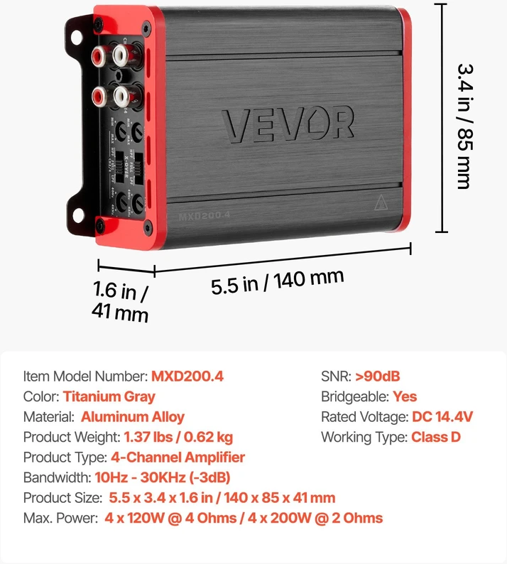 VEVOR Automobilinis garso stiprintuvas, 4 kanalų, klasė D