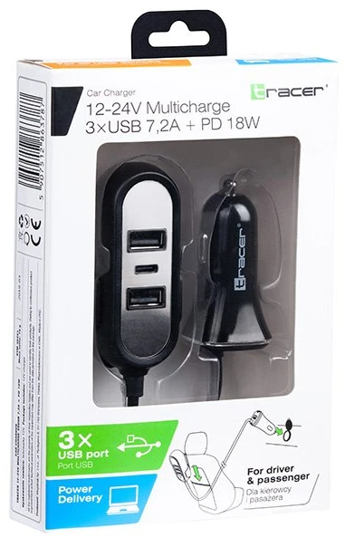 Automobilinis įkroviklis Tracer 12-24V Multicharge 3x USB 7.2A + PD 18W