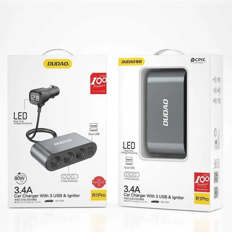 Dudao automobilinis įkroviklis 2x USB / 3x cigarečių žiebtuvėlio skirstytuvas juodas (R1Pro juodas)