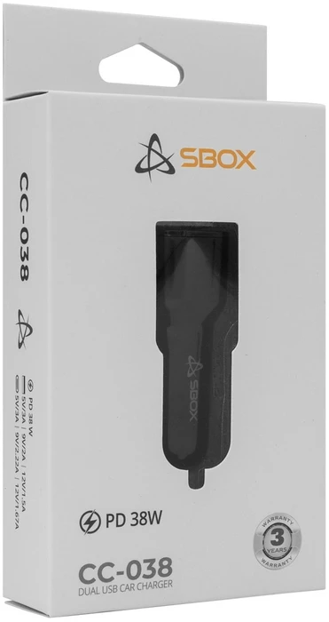 Sbox Automobilinis įkroviklis 38W, juodas