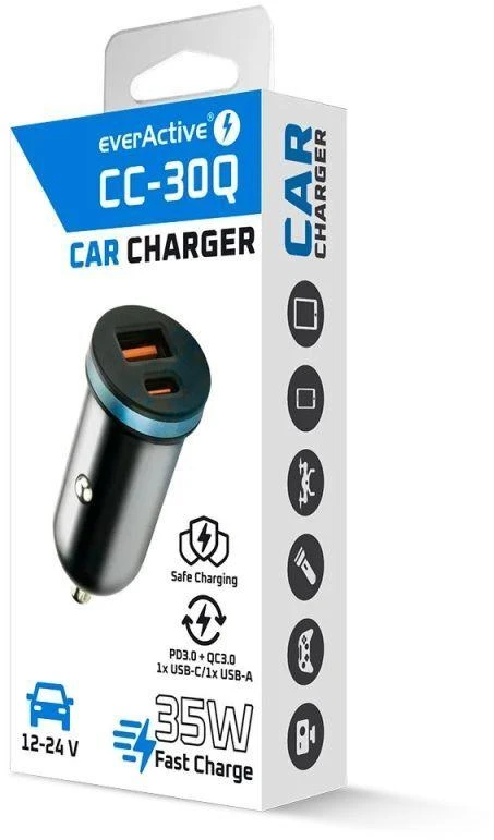 Automobilinis įkroviklis everActive CC-30Q USB + USB-C QC 3.0 PD 35W