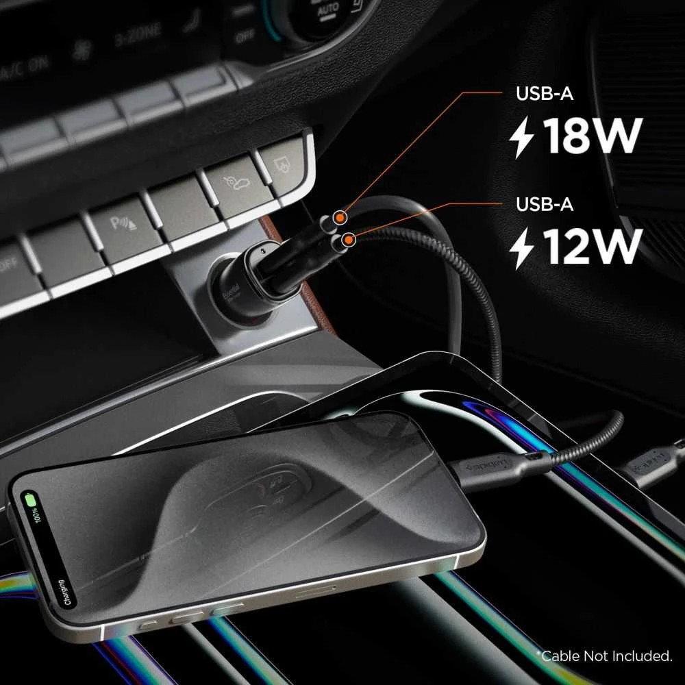 Juodas 30W 2xUSB-A automobilinis įkroviklis „Spigen Essential EV302”