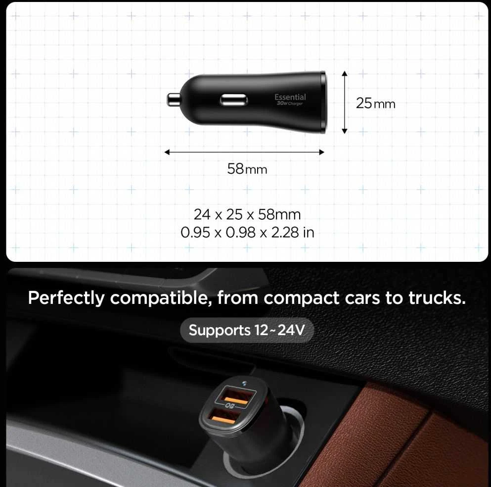 Juodas 30W 2xUSB-A automobilinis įkroviklis „Spigen Essential EV302”