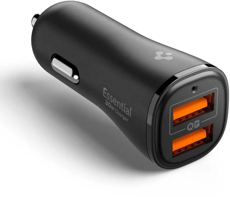 Juodas 30W 2xUSB-A automobilinis įkroviklis „Spigen Essential EV302”