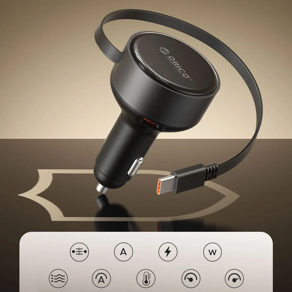 Automobilinis įkroviklis Orico FC-60-2C 60 W su USB-C įtraukiamu laidu, juodas
