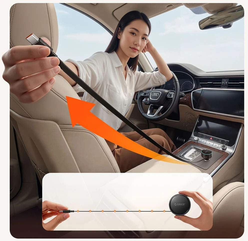 Automobilinis įkroviklis Orico FC-60-2C 60 W su USB-C įtraukiamu laidu, juodas