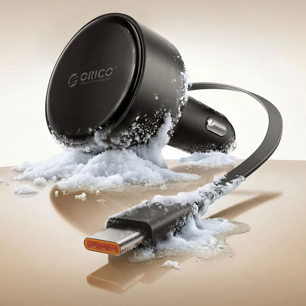 Automobilinis įkroviklis Orico FC-60-2C 60 W su USB-C įtraukiamu laidu, juodas
