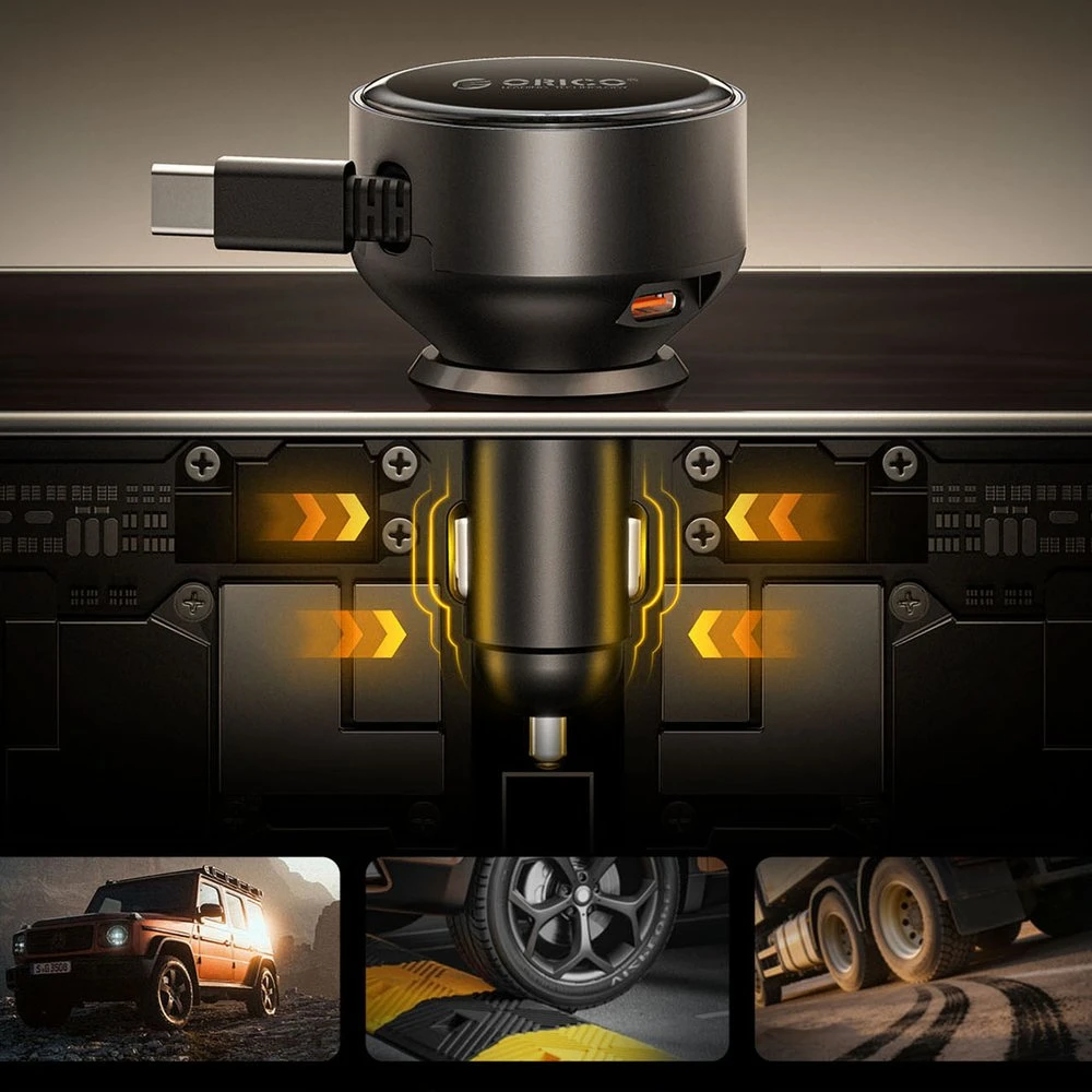 Automobilinis įkroviklis Orico FC-60-2C 60 W su USB-C įtraukiamu laidu, juodas