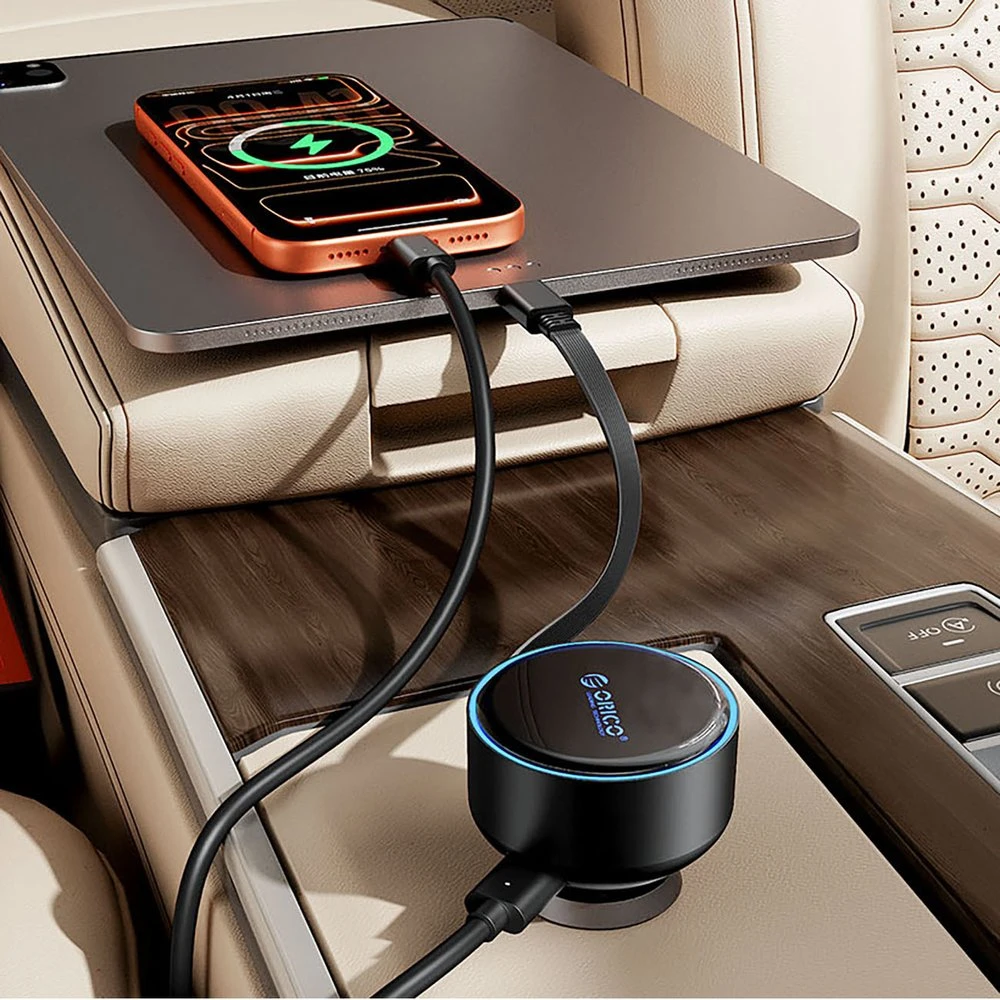 Automobilinis įkroviklis Orico FC-60-2C 60 W su USB-C įtraukiamu laidu, juodas