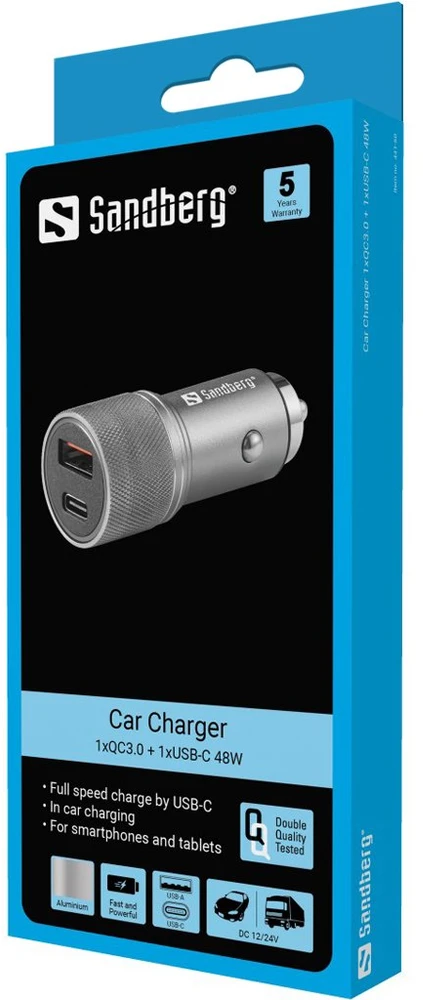 „Sandberg“ automobilinis įkroviklis 1xQC3.0 + 1xUSB-C 48W