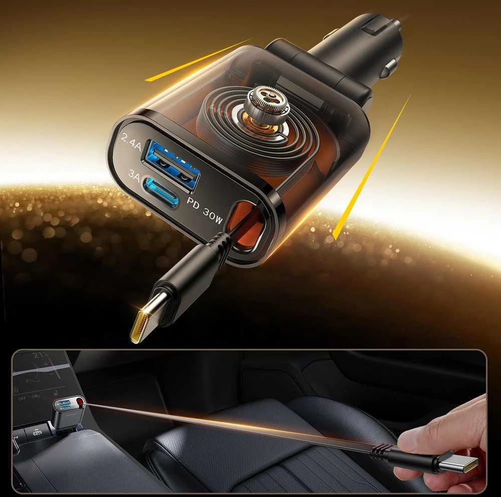 Joyroom JR-CCL07 3-in-1 Car Charger su Built-in Retractable kabelis – pilkos spalvos
