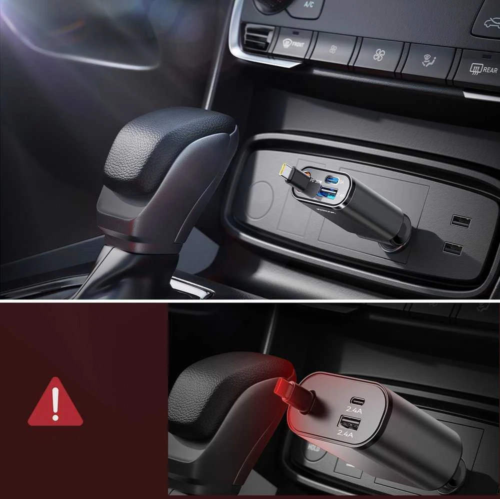 Joyroom JR-CCL07 3-in-1 Car Charger su Built-in Retractable kabelis – pilkos spalvos
