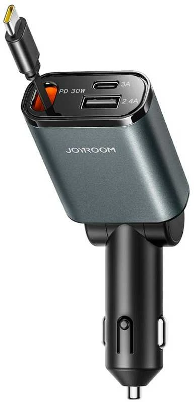 Joyroom JR-CCL07 3-in-1 Car Charger su Built-in Retractable kabelis – pilkos spalvos