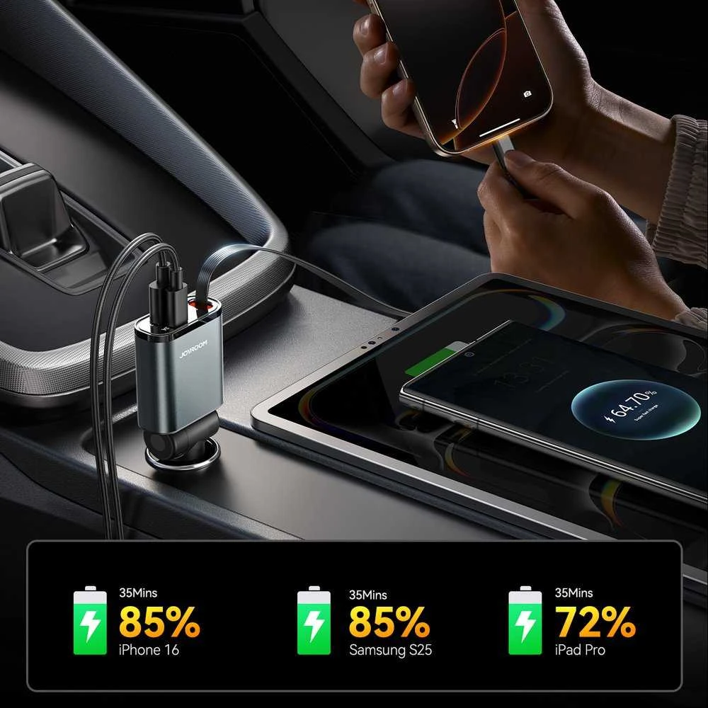 Joyroom JR-CCL07 3-in-1 Car Charger su Built-in Retractable kabelis – pilkos spalvos