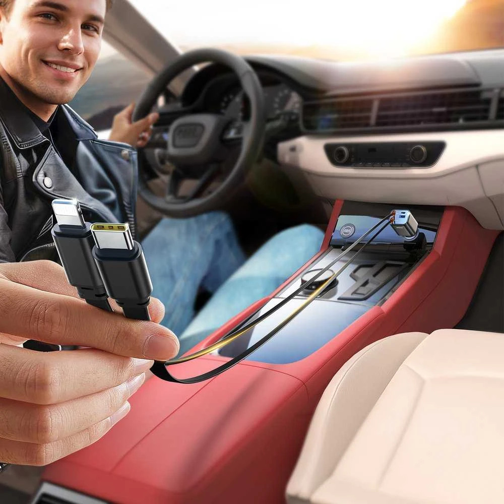 Joyroom JR-CCL05 30W 4 viename automobilinis įkroviklis su 2 įmontuotais ištraukiamais laidais – pilkos spalvos