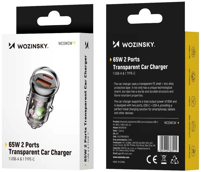 Wozinsky 65W automobilinis įkroviklis USB-C PD 65W / USB-A 45W QC 3.0 – juodos spalvos