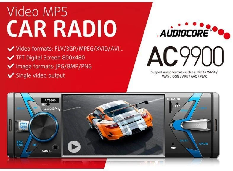 Automagnetola Nešiojamas stereofoninis automobilis AUDIOCORE AC9900 (USB, USB + AUX, USB + AUX + SD kortelės)