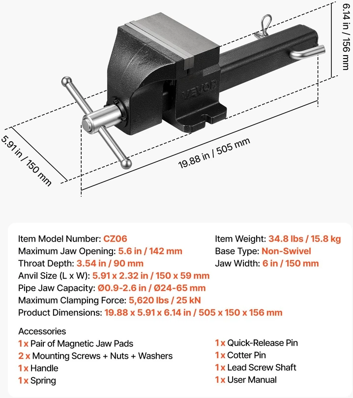 Automobilinis spaustuvas VEVOR CZ06, 150 mm žiočių plotis
