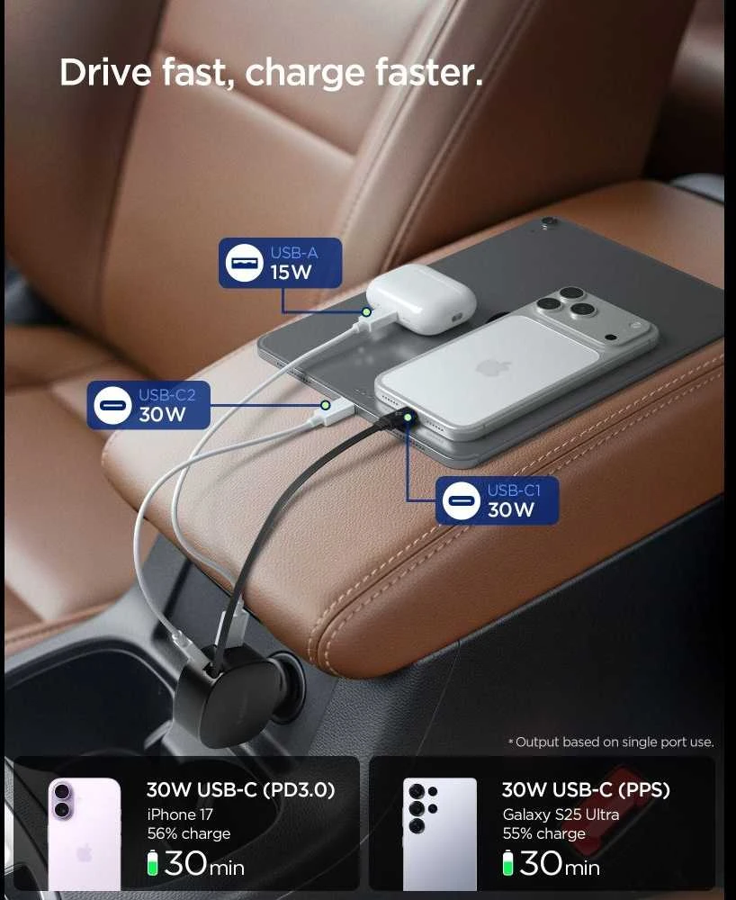 Automobilinis įkroviklis Spigen Essential 60W Car Charger EV603BT, juodas