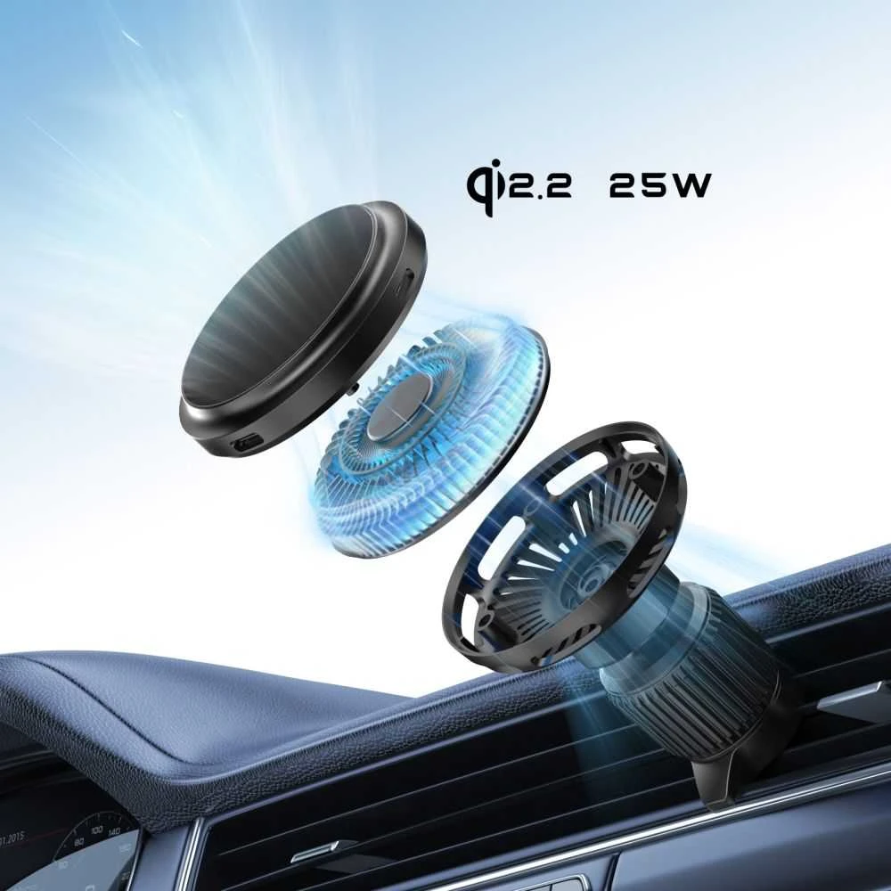 Tech-Protect V9 ArcticBoost magnetic MagSafe dashboard & vent automobilinis laikiklis su belaidžiu įkrovimu 25W QI2.2 juoda