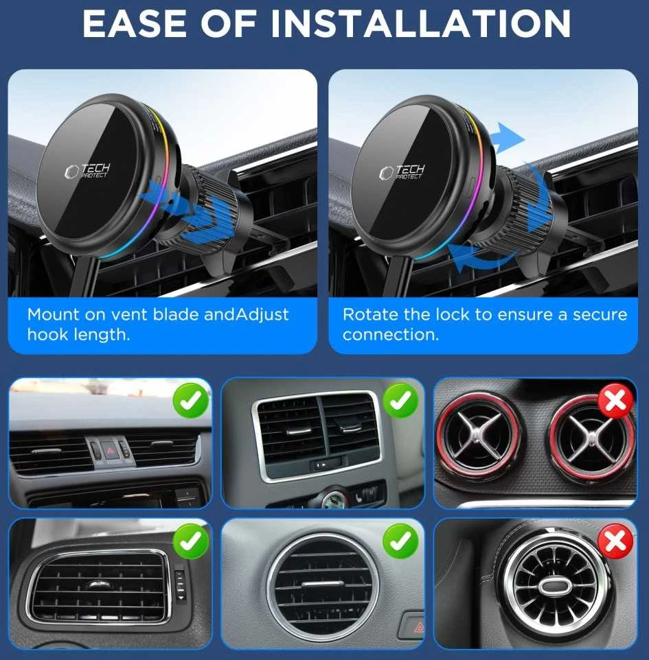 Tech-Protect V9 ArcticBoost magnetic MagSafe dashboard & vent automobilinis laikiklis su belaidžiu įkrovimu 25W QI2.2 juoda