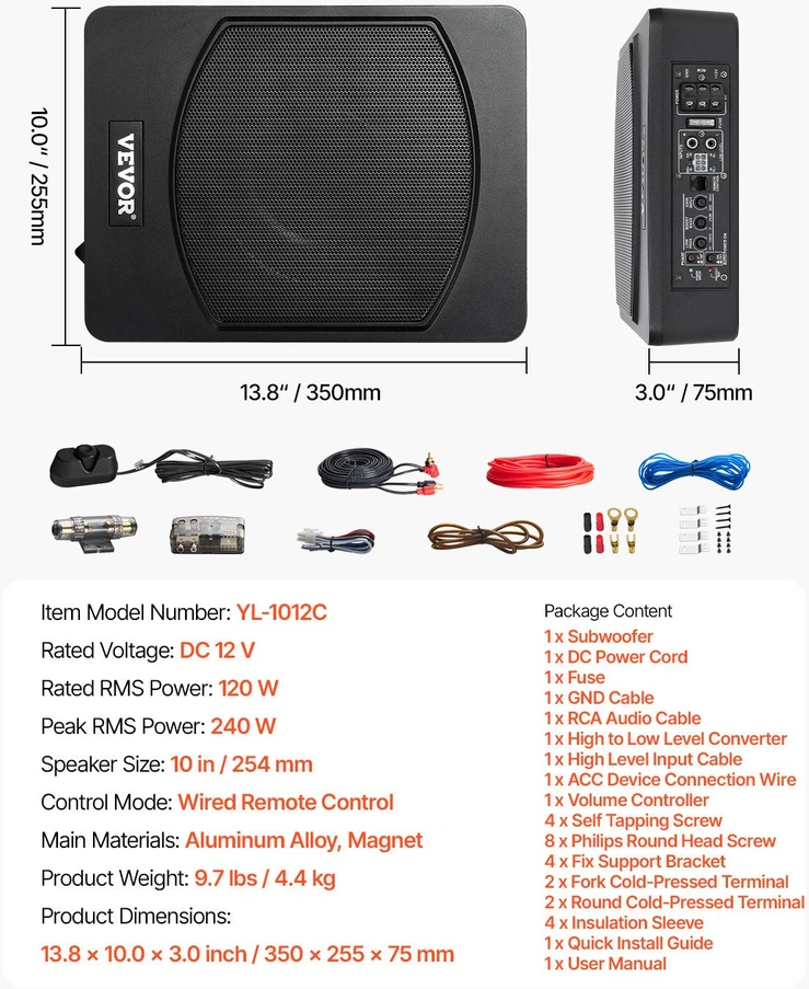 Vevor 10" 240W automobilio žemadažnis po sėdyne