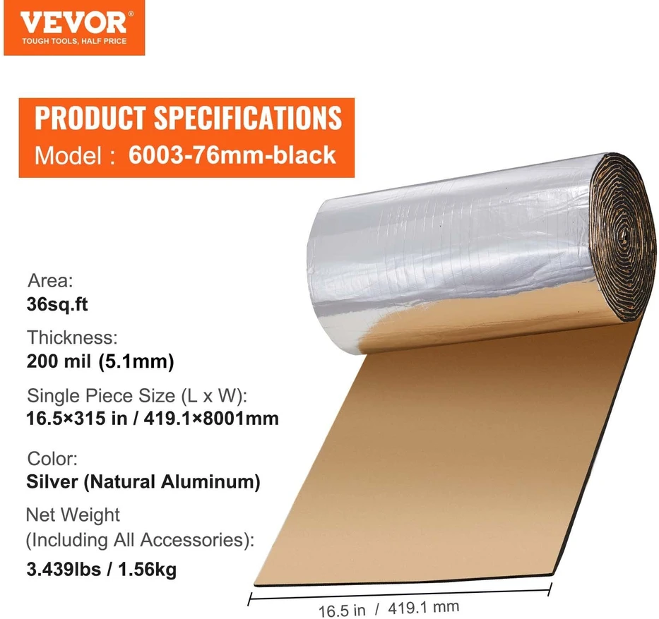 VEVOR Automobilio garso izoliacijos kilimėlis 200 mil 3.3 kv.m