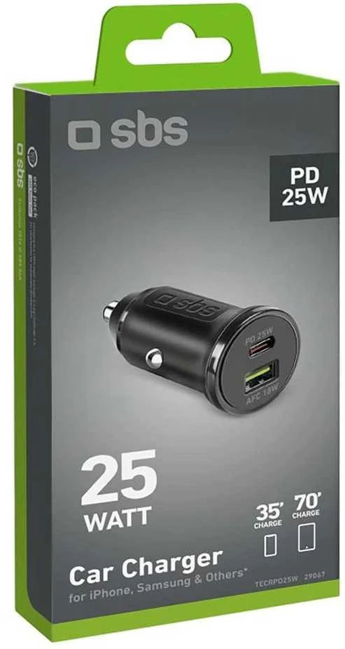 SBS TECRPD25W automobilinis įkroviklis 25W USB-A USB-C su Power Delivery – juodos spalvos