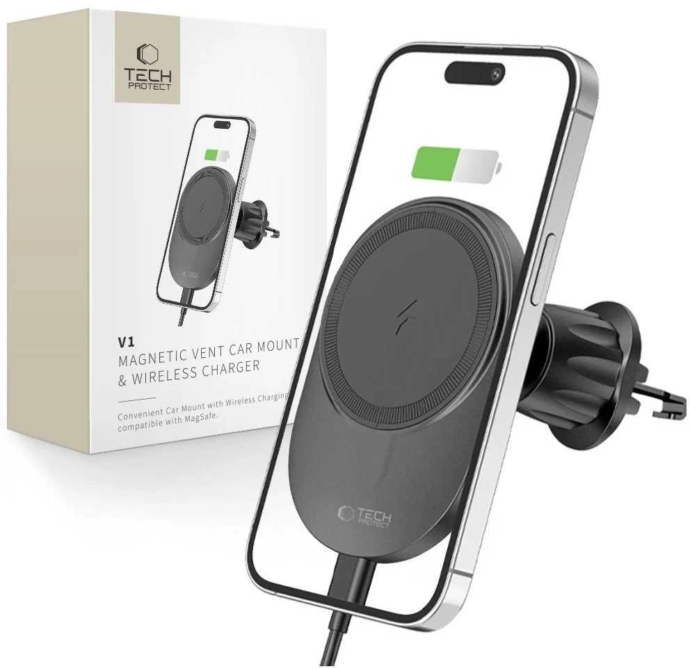 Magnetic MagSafe Automobilinis laikiklis Wireless Charging 15W for Vent Car Tech-Protect mm15W-V1 juodos spalvos