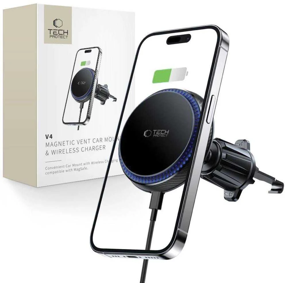 Magnetic MagSafe Automobilinis laikiklis Wireless Charging 15W for Vent Car Tech-Protect mm15W-V4 juodos spalvos