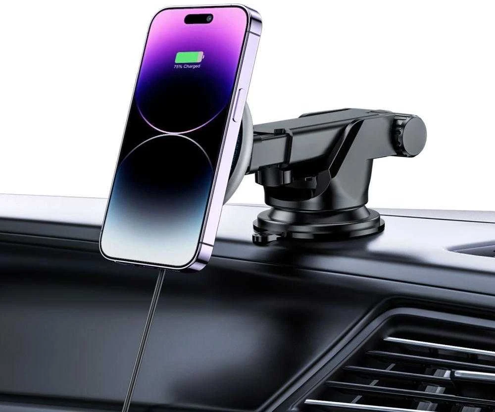 Magnetinis automobilinis laikiklis MagSafe su 15W indukcinis įkrovimas priekiniam stiklui / prietaisų skydeliui teleskopinė rankena Tech-Protect A2 juodos spalvos