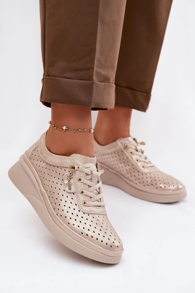 Ażurowi odiniai moteriški loafers Vinceza 79603 auksinės spalvos