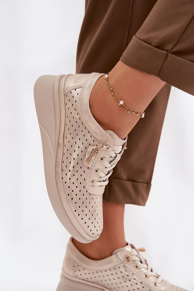 Ażurowi odiniai moteriški loafers Vinceza 79603 auksinės spalvos