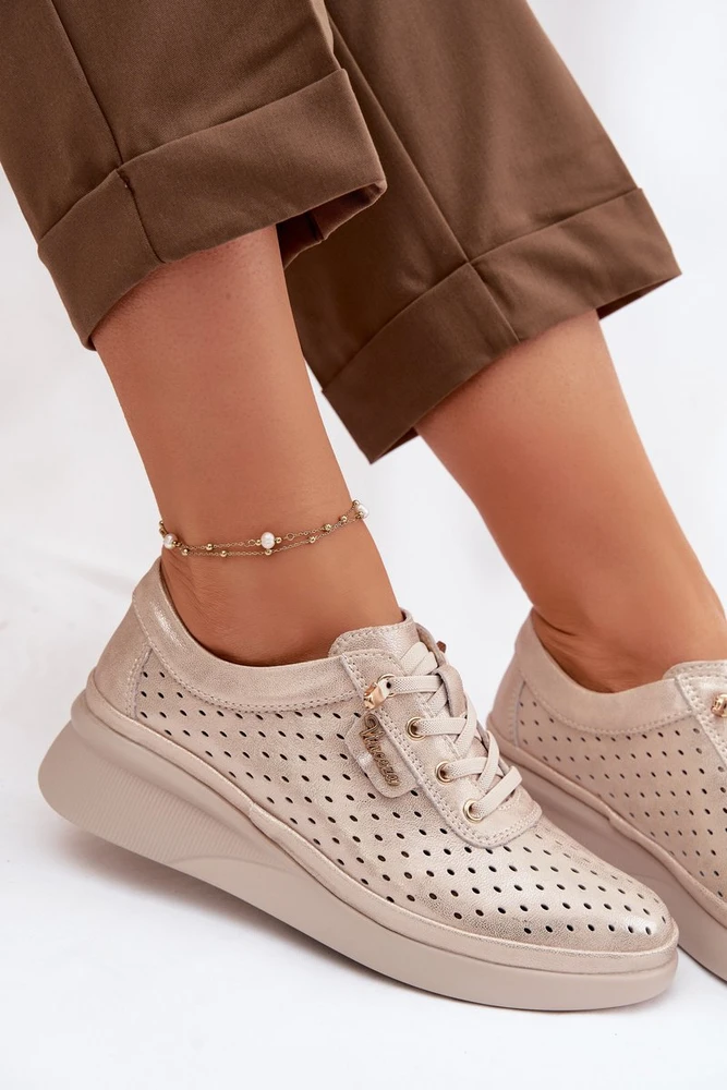 Ażurowi odiniai moteriški loafers Vinceza 79603 auksinės spalvos