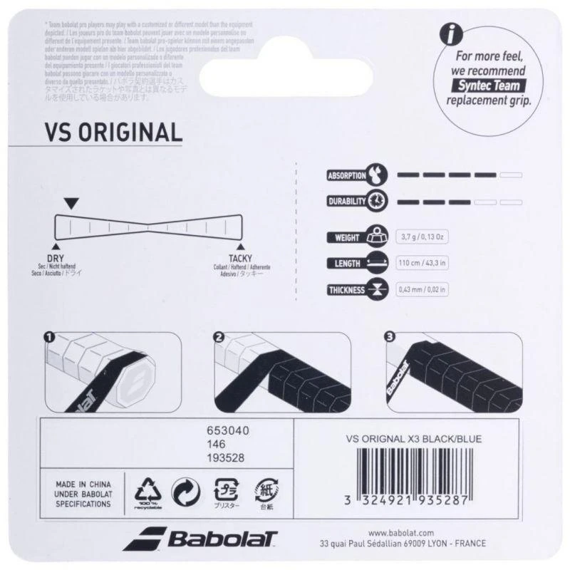 Babolat Vs Original Feel Grip 3 vnt. Juoda ir mėlyna 653040 146/193528