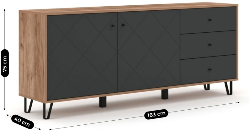 Mebel Elite Komoda BACARDI, 183 cm, ąžuolo „Craft Tobacco“ ir grafito spalvų
