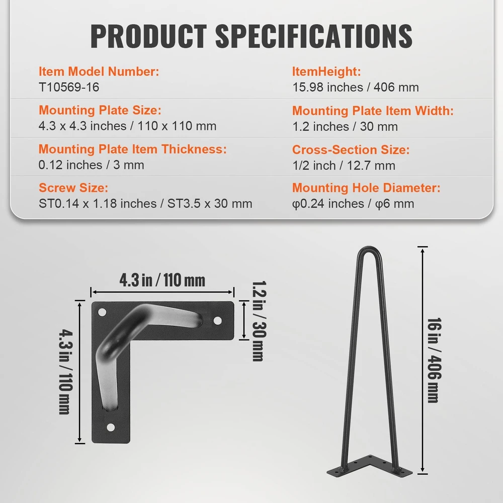 VEVOR 406 mm plono profilio metalinės baldų kojelės