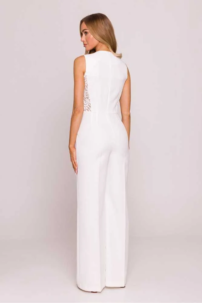 Balta moteriška elegantiška jumpsuit su nėriniais