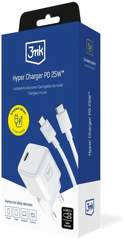 3MK Hyper Charger PD 25W laidinis įkroviklis baltos spalvos + 1x USB-C Cable