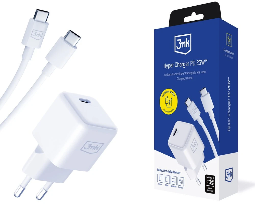 3MK Hyper Charger PD 25W laidinis įkroviklis baltos spalvos + 1x USB-C Cable